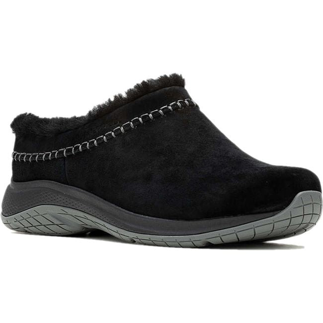 Front angled view of Women's Merrell Encore Ice 5 Waterproof Clog in black suede