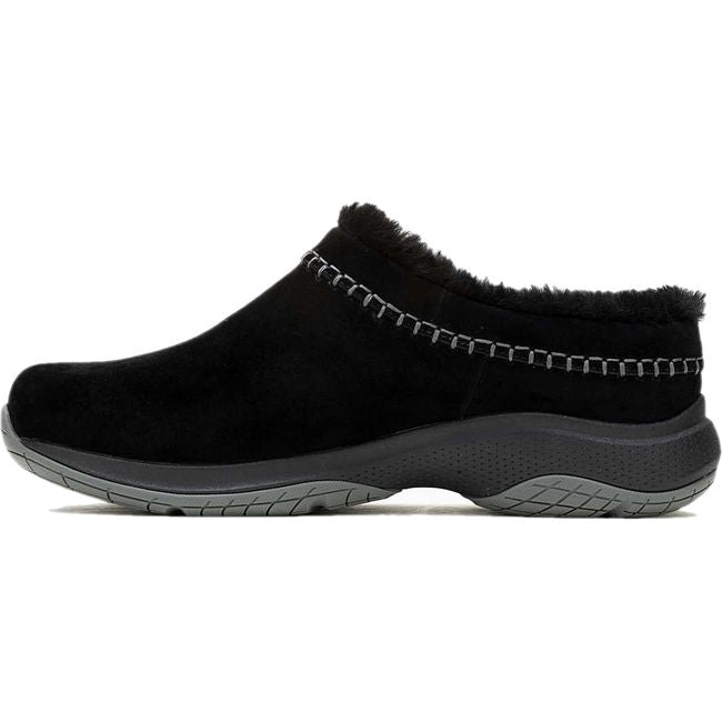 Medial side of Women's Merrell Encore Ice 5 Waterproof Clog in black suede with skeepskin lining