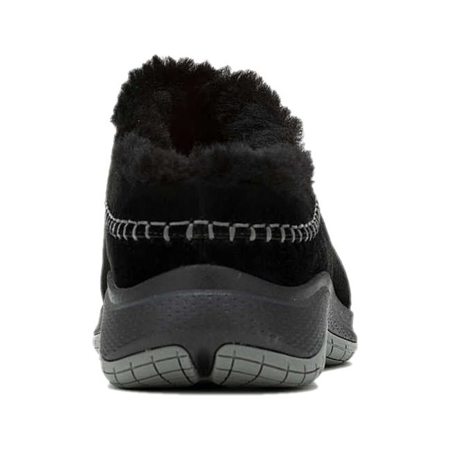 Heel of Women's Merrell Encore Ice 5 Waterproof Clog in black suede with skeepskin lining