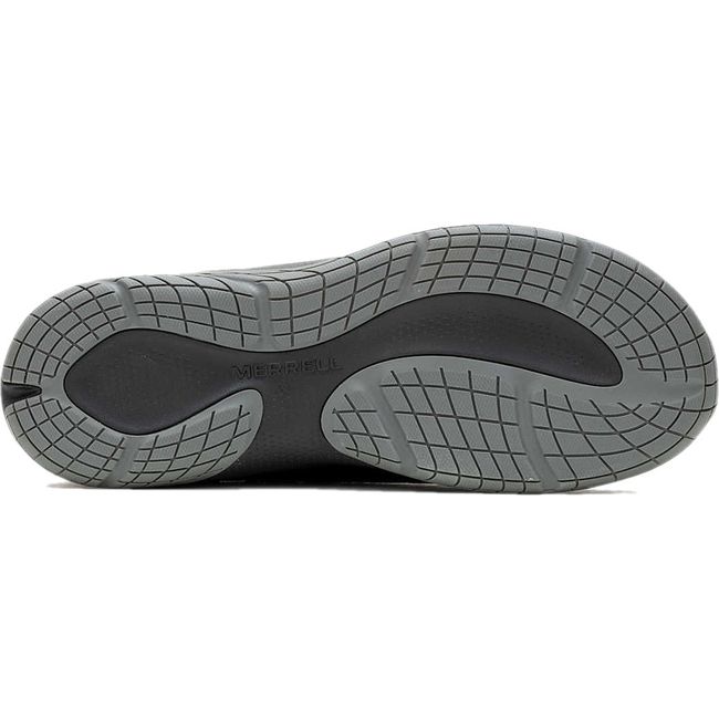 Sole of Women's Merrell Encore Ice 5 Waterproof Clog in black suede upper with gray outsole