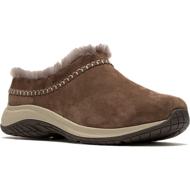Front angled view of Women's Merrell Encore Ice 5 Waterproof Clog in brown suede