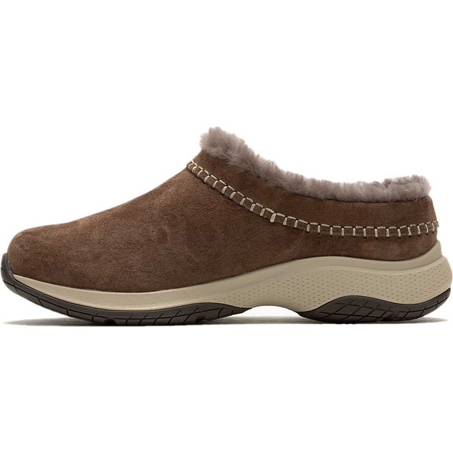 Medial side of Women's Merrell Encore Ice 5 Waterproof Clog in brown suede with skeepskin lining