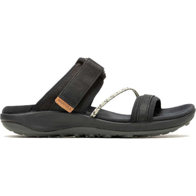 Lateral  of Merrell Women's Terran 4 Slide Sandal in Black with velcro strap