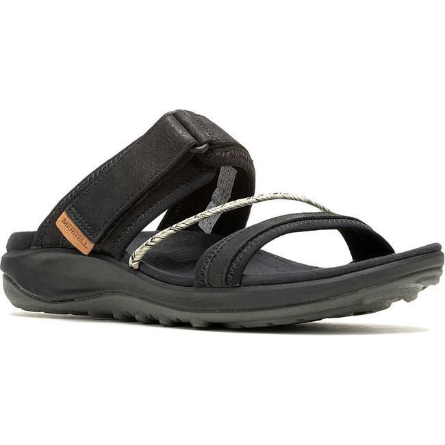 Front angled view of Merrell Women&#39;s Terran 4 Slide Sandal in Black with velcro strap