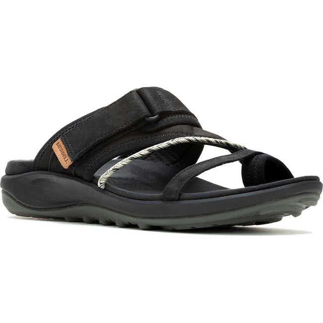Front angled view of Merrell Women&#39;s Terran 4 Post Wrap Sandal in black with toe post