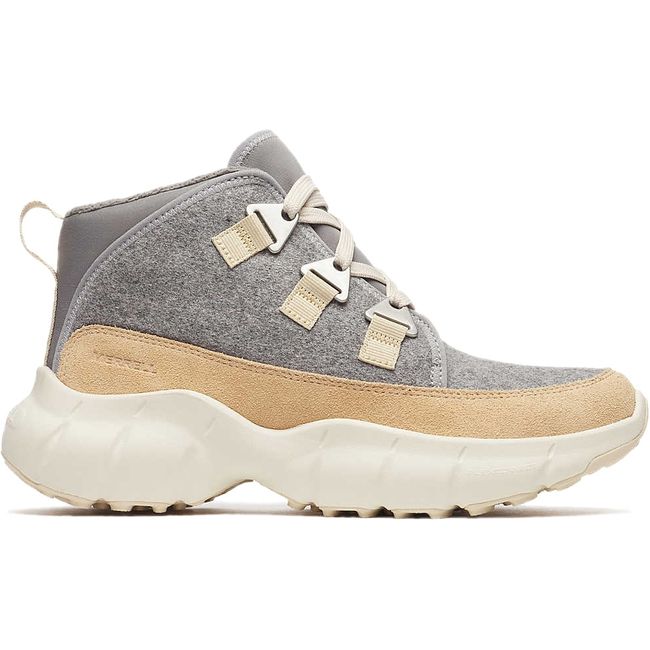 Lateral side of Merrell Women's Clover Mid Wool Waterproof Boot in Latte beige and grey