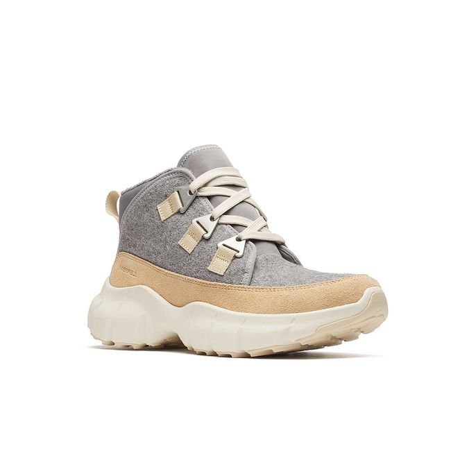 Front angled view of Merrell Women's Clover Mid Wool Waterproof Boot in Latte beige and grey