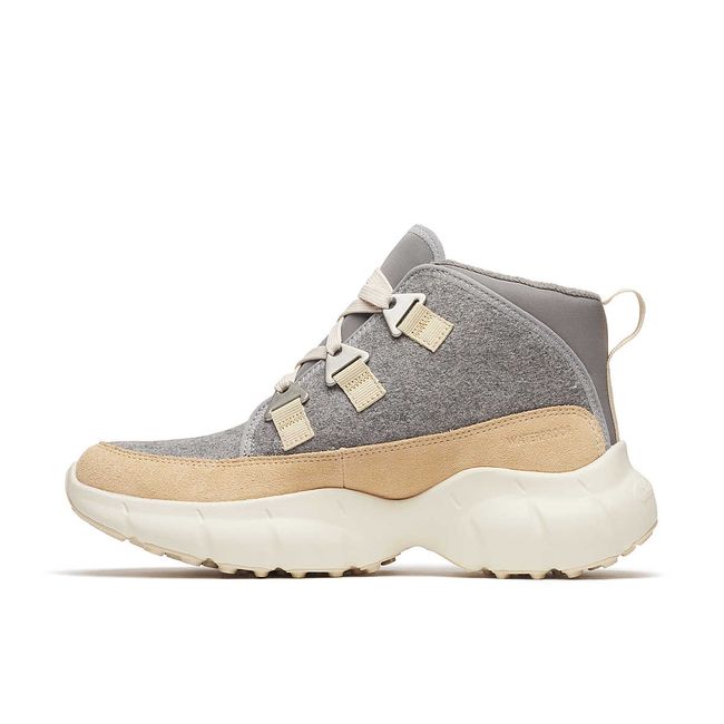 Medial side of Merrell Women's Clover Mid Wool Waterproof Boot in Latte beige and grey