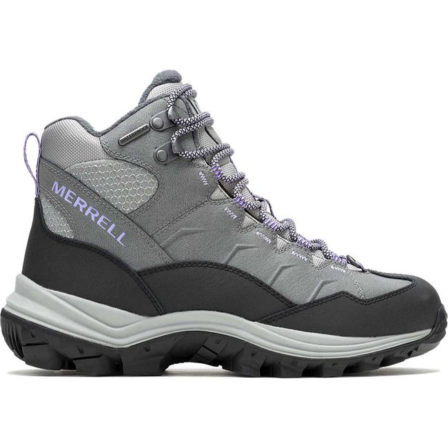Lateral side of Women's Merrell Thermo Chill Mid Waterproof Boot in charcoal gray
