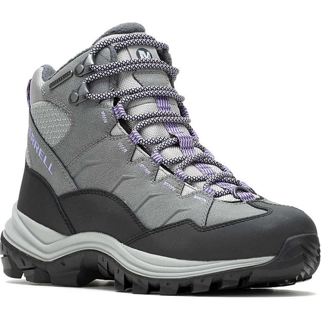 Front angled view of Women&#39;s Merrell Thermo Chill Mid Waterproof Boot in charcoal gray