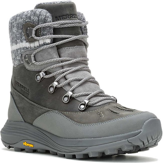 Front angled view of Women&#39;s Merrell Siren 4 Thermo Mid Zip Waterproof Boot in charcoal gray