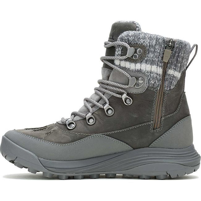 Medial side of Women&#39;s Merrell Siren 4 Thermo Mid Zip Waterproof Boot in charcoal with side zipper