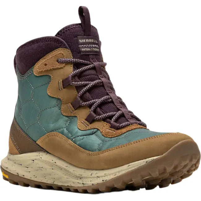 Front angled view of Womens Merrell Antora 3 Thermo Mid Zip Waterproof Boot in forest multicolor