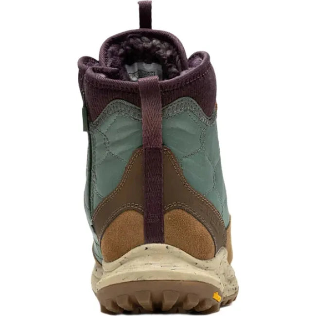 Heel of Womens Merrell Antora 3 Thermo Mid Waterproof Boot in forest multicolor with side zipper