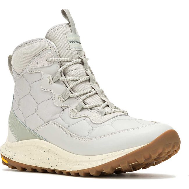 Front angled view of Womens Merrell Antora 3 Thermo Mid Zip Waterproof Boot in smoke gray