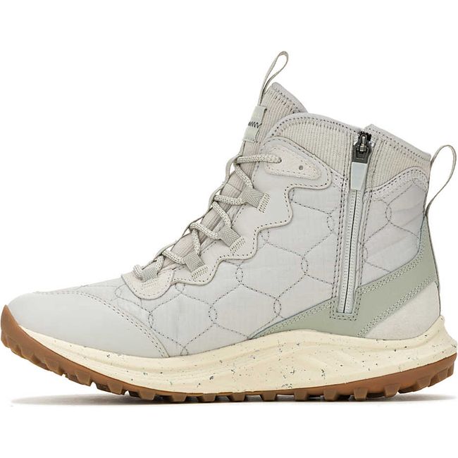 Medial side of Womens Merrell Antora 3 Thermo Mid Zip Waterproof Boot in smoke gray with side zipper