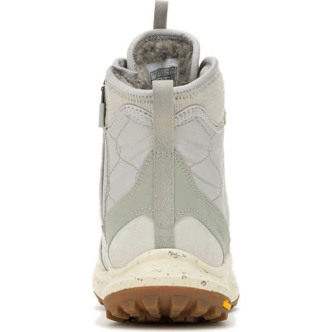 Heel of Womens Merrell Antora 3 Thermo Mid Zip Waterproof Boot in smoke gray with side zipper