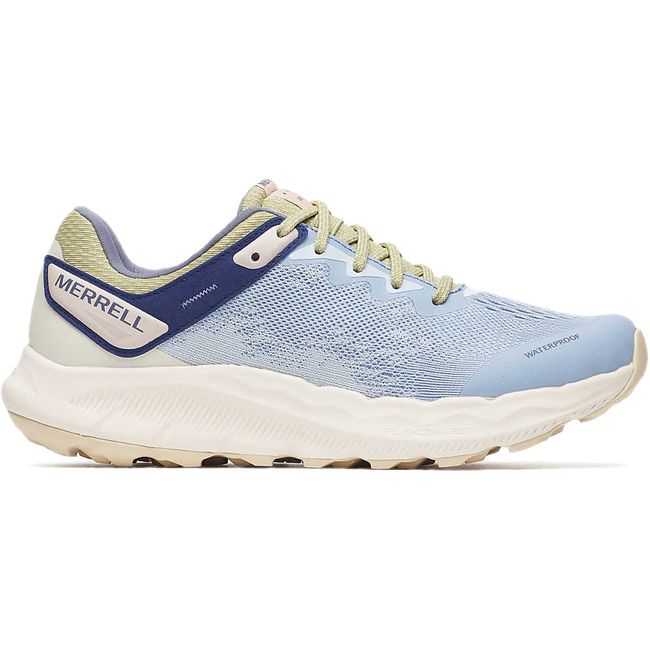 Lateral side of Merrell Women's Antora 4 Waterproof Trail Running Shoe in Seaway Blue and Chalk