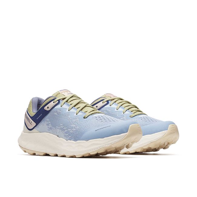Pair of Merrell Women&#39;s Antora 4 Waterproof Trail Running Shoes in Seaway Blue and Chalk