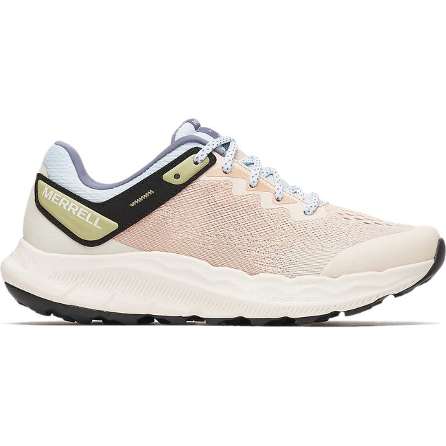 Lateral side of Merrell Women&#39;s Antora 4 Trail Running Shoe in Pink Salt and Ice Blue