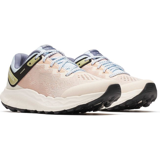 Pair of lace up Merrell Women&#39;s Antora 4 Trail Running Shoe in Pink Salt and Ice Blue