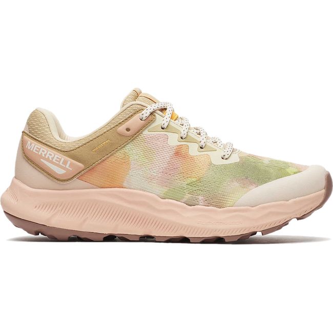 Lateral side of Merrell Women's Antora 4 Trail Running Shoe in Powder Pink and green