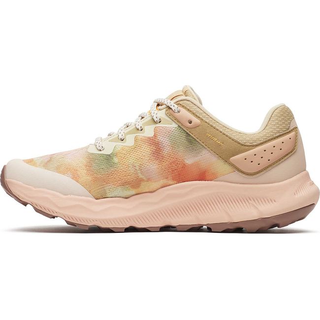 Medial side of Merrell Women&#39;s Antora 4 Trail Running Shoe in Powder Pink and green