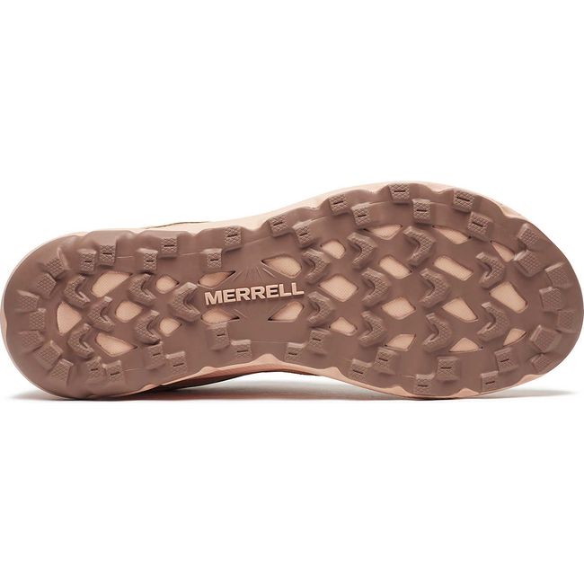 Vibram sole of Merrell Women&#39;s Antora 4 Trail Running Shoes in Powder Pink and green