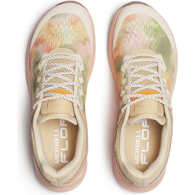 Upper of Merrell Women&#39;s Antora 4 Trail Running Shoes in Powder Pink and green