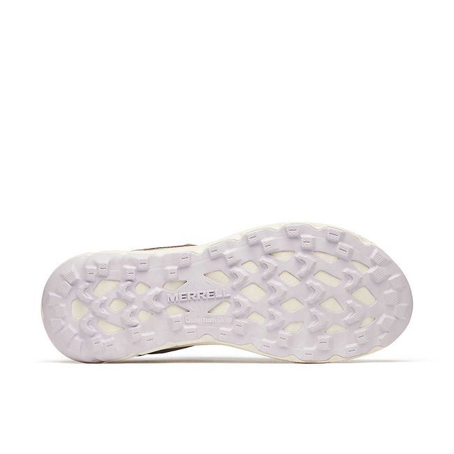White sole &amp; light purple tread of Merrell Women&#39;s Antora 4 Trail Running Shoe in hazel brown