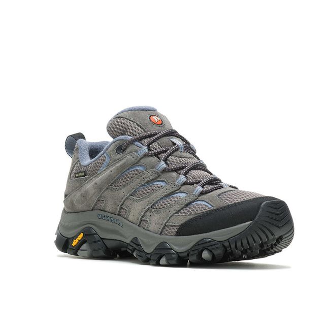 Front angled view of Merrell Women's Moab 3 Waterproof Hiking Shoe in Granite Grey