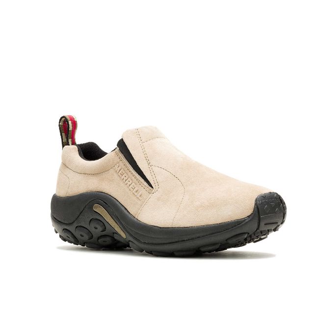 Front angled view of Merrell Women's Jungle Moc Shoe in Taupe Suede