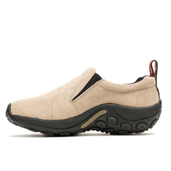 Medial side of Merrell Women's Jungle Moc Shoe in Taupe Suede