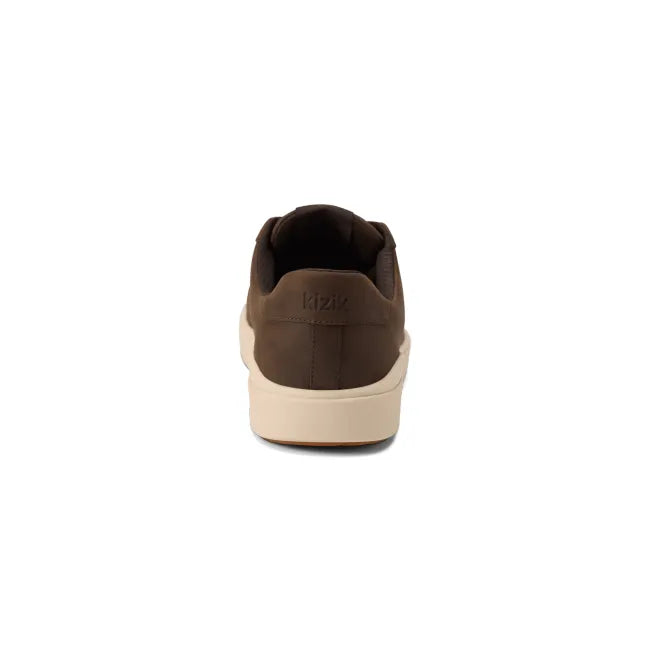 Heel of Men&#39;s Kizik Vegas 2 Sneaker in mole brown leather with off-white sole and handsfree step in