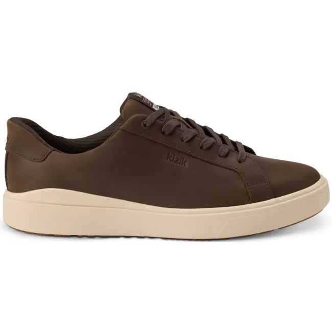 Lateral side of Men&#39;s Kizik Vegas 2 Sneaker in mole brown with off-white sole and handsfree step in