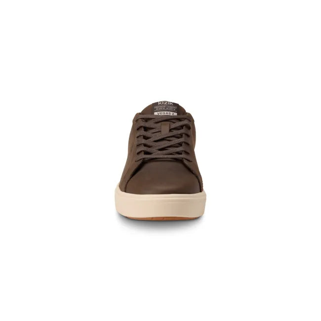 Front of Men&#39;s Kizik Vegas 2 Sneaker in mole brown with laces, off-white sole and handsfree step in
