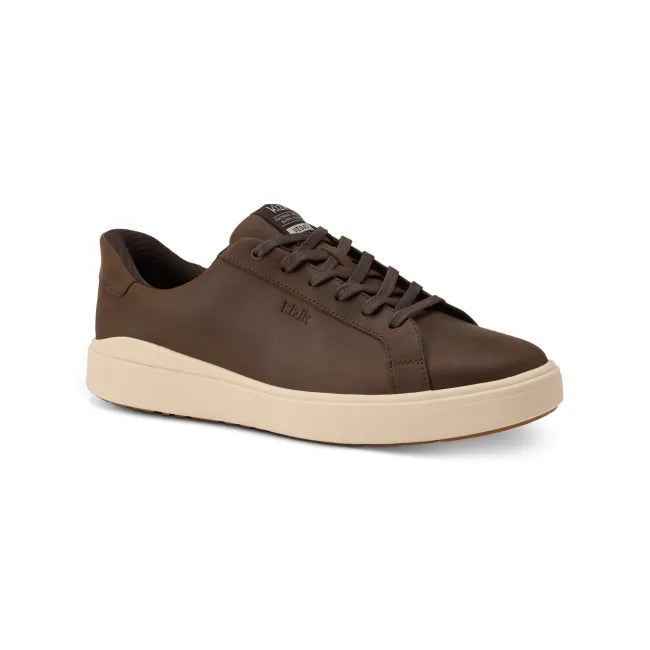 Front angle of Men&#39;s Kizik Vegas 2 Sneaker in mole brown with off-white sole and handsfree step in