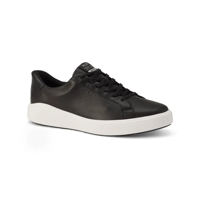 Medial side of Men's Kizik Vegas 2 Sneaker in black with off-white sole and handsfree step in
