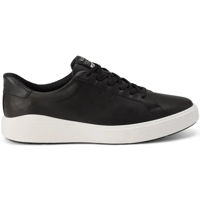 Lateral side of Men's Kizik Vegas 2 Sneaker in black with off-white sole and handsfree step in