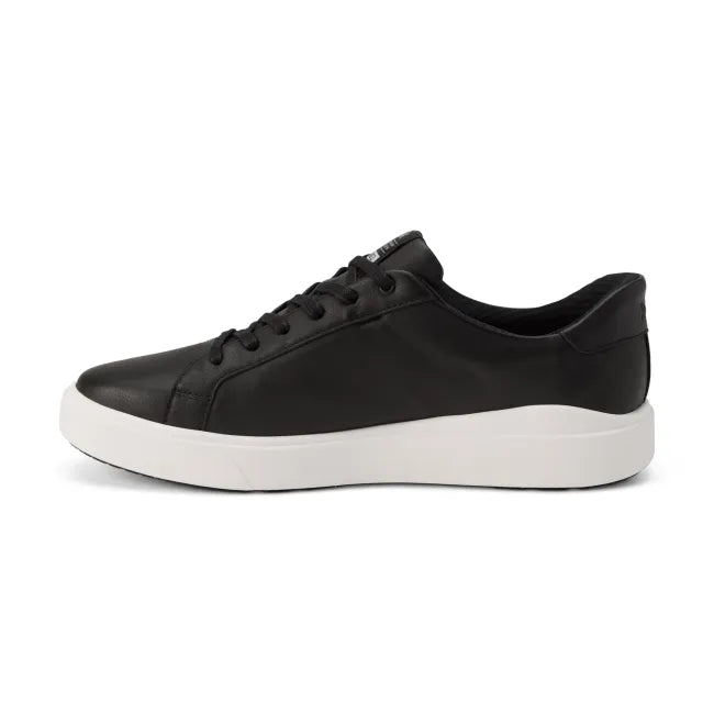 Front angle of Men's Kizik Vegas 2 Sneaker in black with off-white sole and handsfree step in