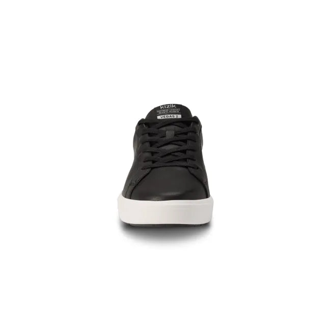 Front of Men's Kizik Vegas 2 Sneaker in black with laces, off-white sole and handsfree step in