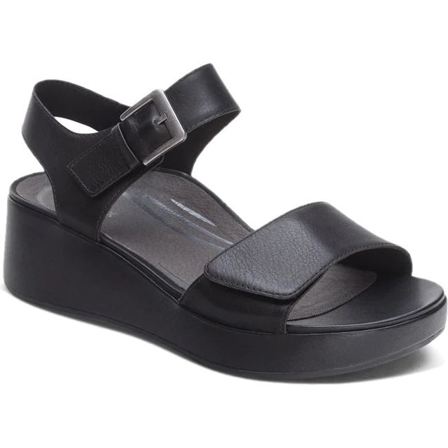 aFront angled view of Womens Aetrex Ariel Adjustable Arch Support Wedge Sandal in Black