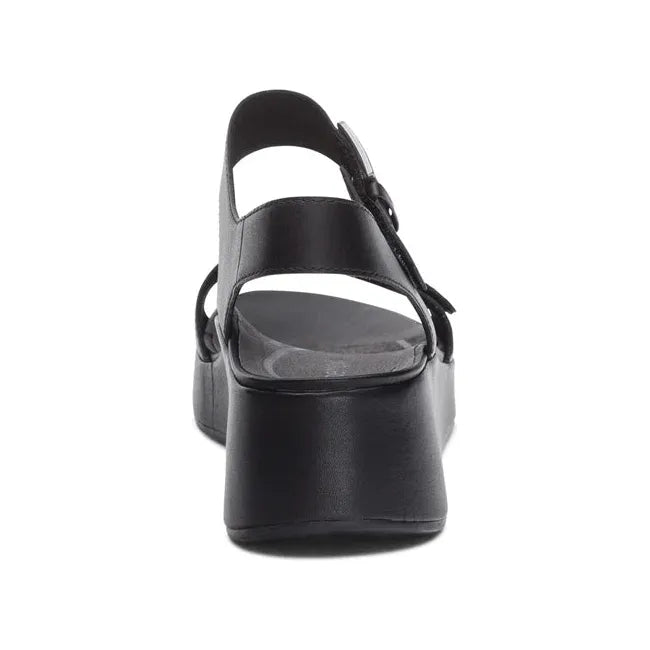 Heel of Womens Aetrex Ariel Adjustable Arch Support Wedge Sandal in Black with back strap