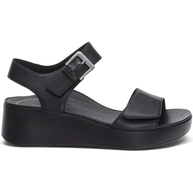 Lateral side of Womens Aetrex Ariel Adjustable Arch Support Wedge Sandal in Black