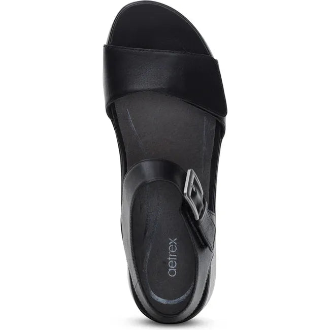 Top down view of Womens Aetrex Ariel Adjustable Arch Support Wedge Sandal in Black