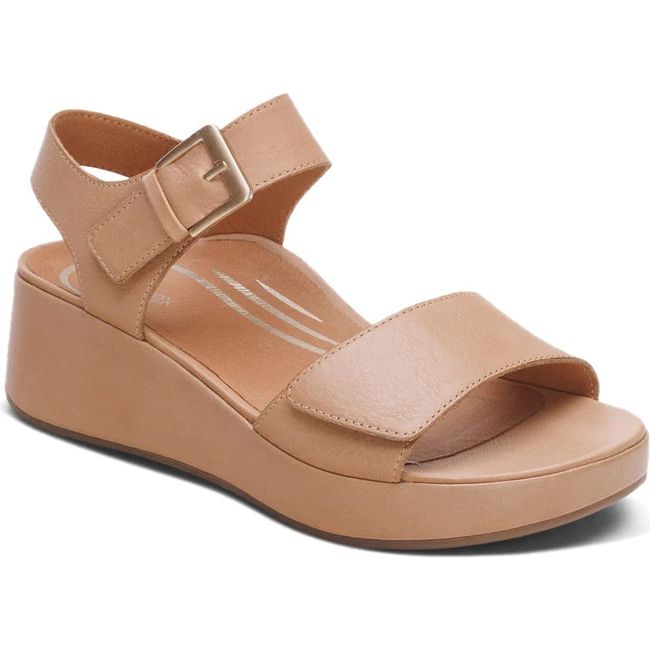 Front angled view of Womens Aetrex Ariel Adjustable Arch Support Wedge Sandal in Sand tan