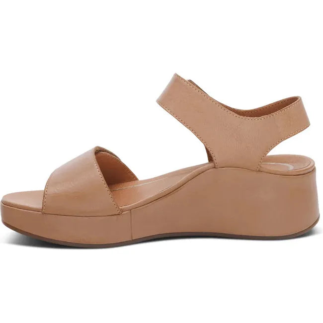 Medial side of Womens Aetrex Ariel Adjustable Arch Support Wedge Sandal in Sand tan