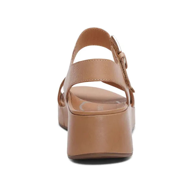 Heel of Womens Aetrex Ariel Adjustable Arch Support Wedge Sandal in Sand tan with back strap