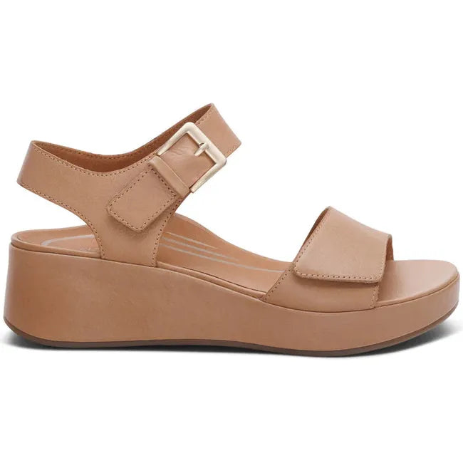 Lateral side of Womens Aetrex Ariel Adjustable Arch Support Wedge Sandal in Sand tan