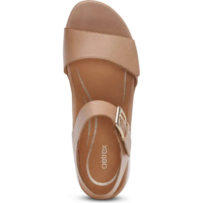 Top down view of Womens Aetrex Ariel Adjustable Arch Support Wedge Sandal in Sand tan